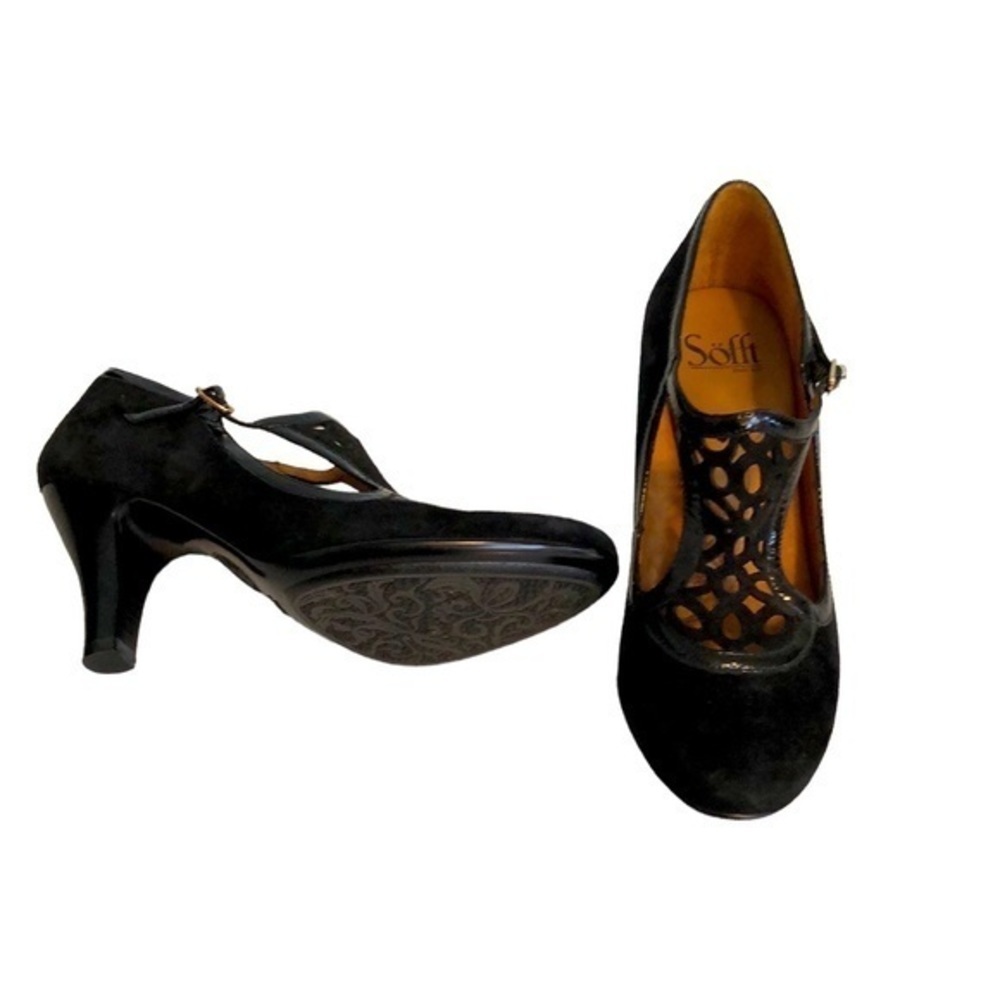 Sofft brand shoe size 8N (narrow) black suede cot out tops 3 inch heels.​